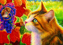 Мышонок на винограде и рыжий кот