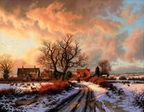 Розовый закат над деревней