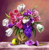 Ваза с тюльпанами, сиренью и яблоко