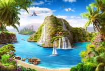 Парусник у красочной горы с водопадами