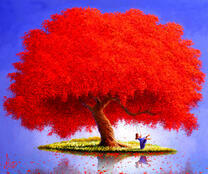 Девушка на качели под красным деревом