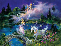 Фея с единорогом у сказочного замка и озера