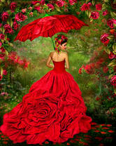 Женщина в платье под красным зонтом