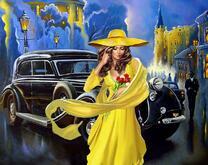 Женщина в желтом и черный автомобиль