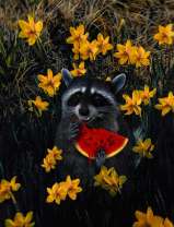 Енот с арбузом в нарциссах