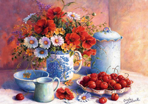 Черешня и летний букет с ромашками и маками