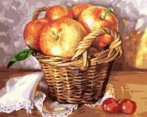 Корзина с яблоками и две вишни