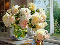 Картина по номерам Номерашка (Paintboy) «Ваза с букетом белых пионов у окна»