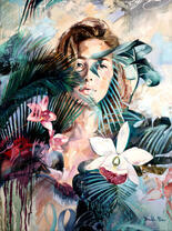 Портрет девушки среди листьев и цветов