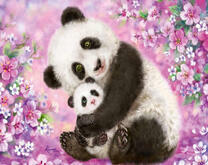 Панда и её малыш среди цветов