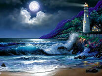 Полная луна над морем и маяк