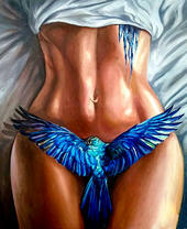 Обнаженная девушка и попугай