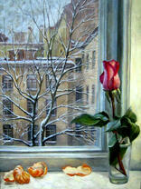 Розочка и дольки мандарины на окне