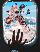 Жираф среди туч через окно самолета