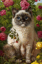 Пушистый котик среди садовых роз