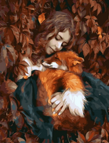 Девушка в осенних листьях с лисой