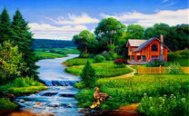 Деревянный дом у мелкой реки