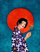 Девушка и колибри на фоне красного солнца