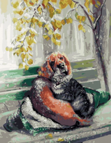 Пес и кот на скамейке под первым снегом