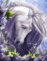 Красивый единорог среди голубых цветов