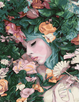 Зеленоволосая девушка среди цветов