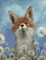 Довольный лисенок среди одуванчиков