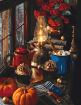 Осенний натюрморт с лампой, тыквами и какао