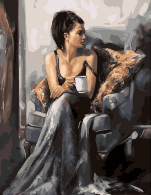 Картина по номерам 40x50 Женщина в черном платье с чашкой кофе
