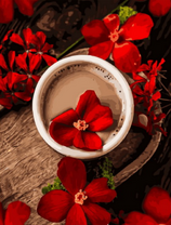 Красные цветы и кофе с молоком