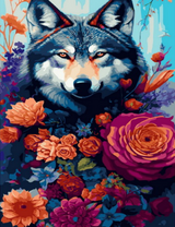 Серый волк среди красивых цветов