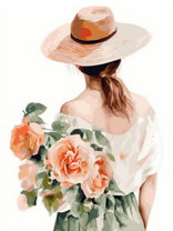 Девушка в шляпе с букетом светлых роз