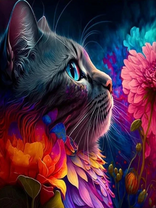Серая кошка и яркие цветы
