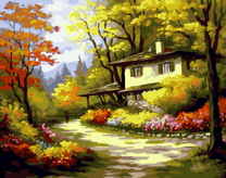 Домик у реки в осеннем лесу