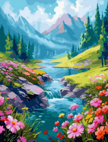 Горная река с цветочными берегами