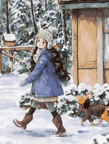 Милая девчонка с песиком в заснеженном дворе