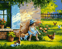 Маленькая девочка с курами и котятами