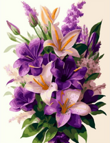 Фиолетовые и белые лилии в одном букете