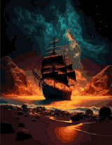 Большой парусный корабль на фантастическом пейзаже