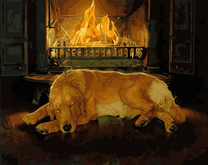 Пес спит у камина