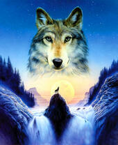 Волк на скале посреди водопада