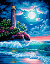 Луна над морем и маяк