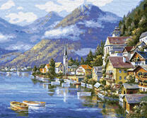 Поселение у озера среди гор