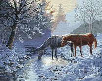 Лошади на водопое в заснеженном лесу