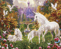 Семья единорогов на фоне высокого замка