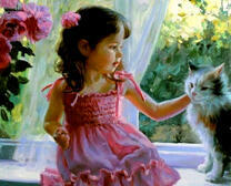 Девочка и милый кот у окна