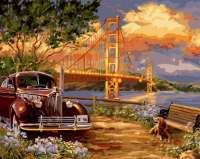 Картина по номерам Номерашка (Paintboy) «Американский автомобиль на фоне моста через залив»