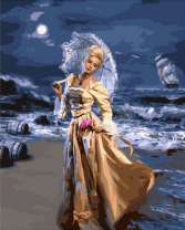 Девушка с зонтом у моря под луной