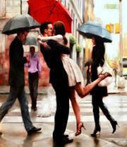 Встреча на улице под красным зонтом