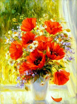 Маки и ромашки на летнем окне