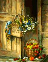 Корзина с яблоками и полевые цветы